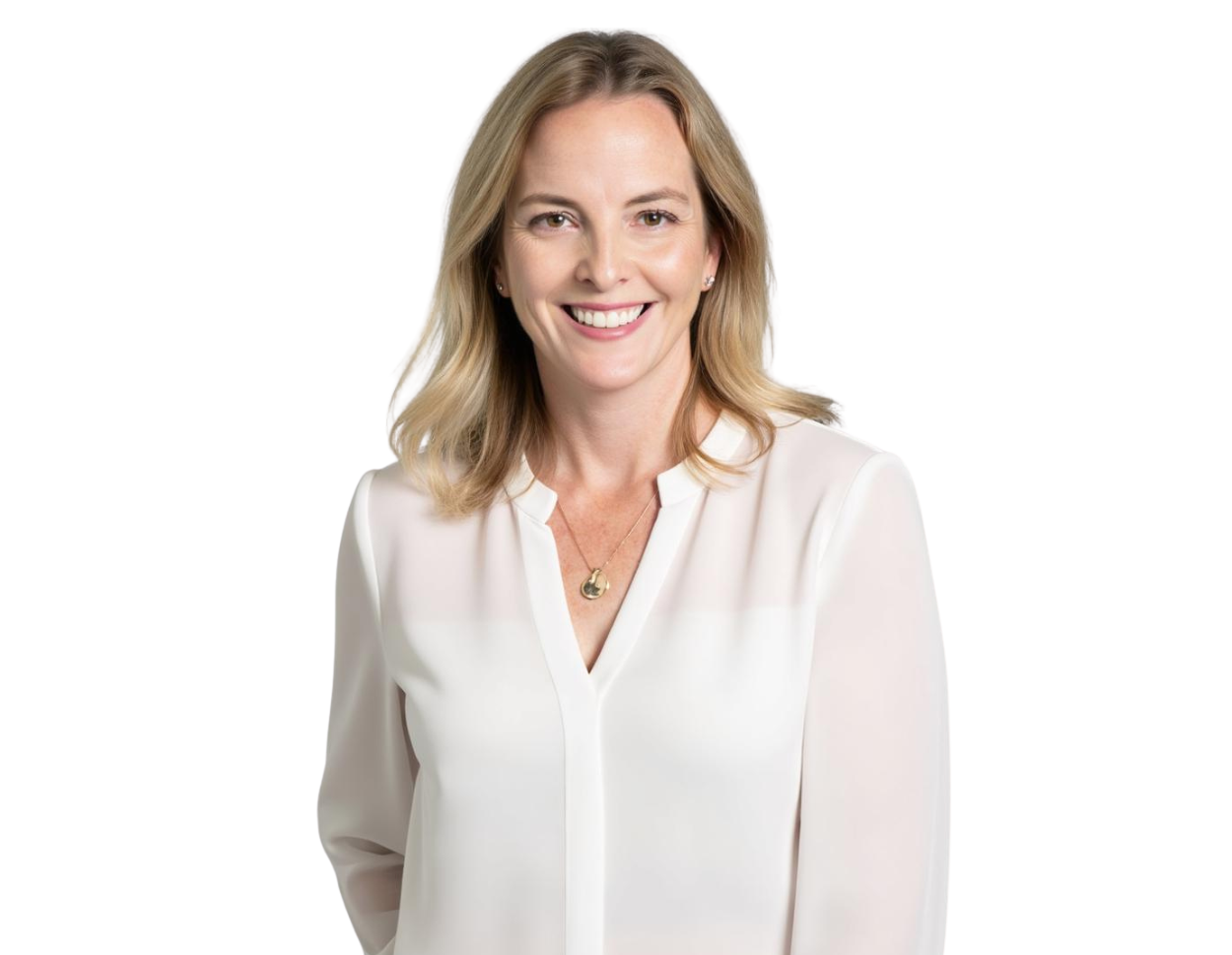 A woman with shoulder-length blonde hair smiling warmly in a professional headshot. She is wearing a white blouse and a gold pendant necklace, posed against a plain background.