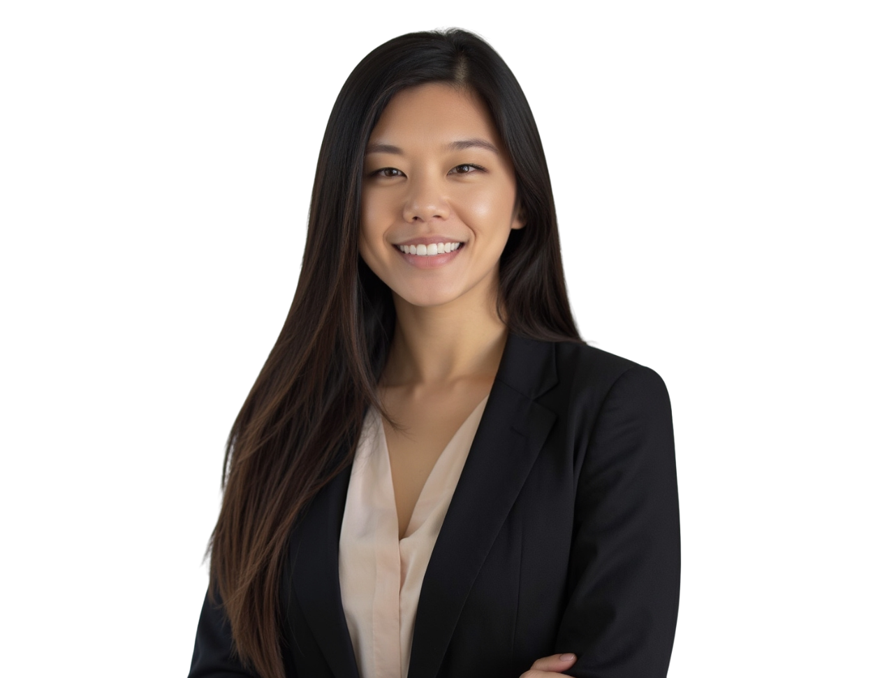 Lisa Xu smiling in a professional headshot, wearing a black blazer over a light beige blouse, with long straight hair and a transparent background.
