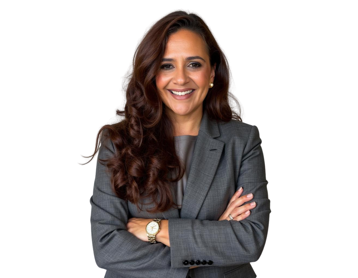 Anjie Cabrera in a gray suit and blouse, smiling in front of a light geometric background.