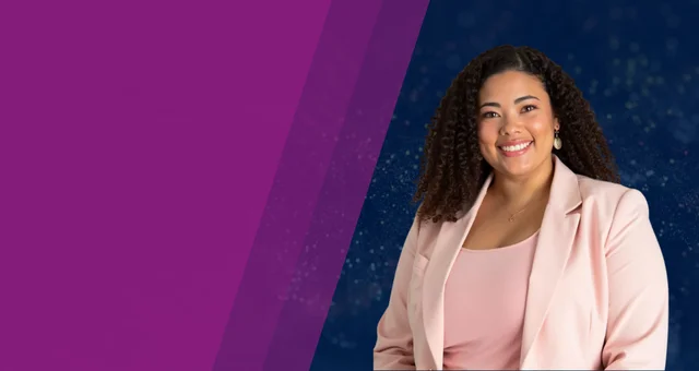 lexis Holloway smiles confidently in a blush pink blazer and top, standing against a dark blue background with digital sparkles and a bold purple geometric overlay on the left. Her natural curls and professional attire highlight a polished, approachable p