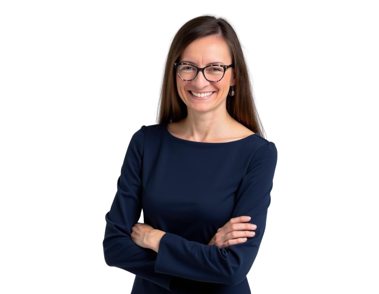 Smiling woman with long brown hair and glasses wearing a navy blue dress. She is standing with arms crossed against a transparent background.