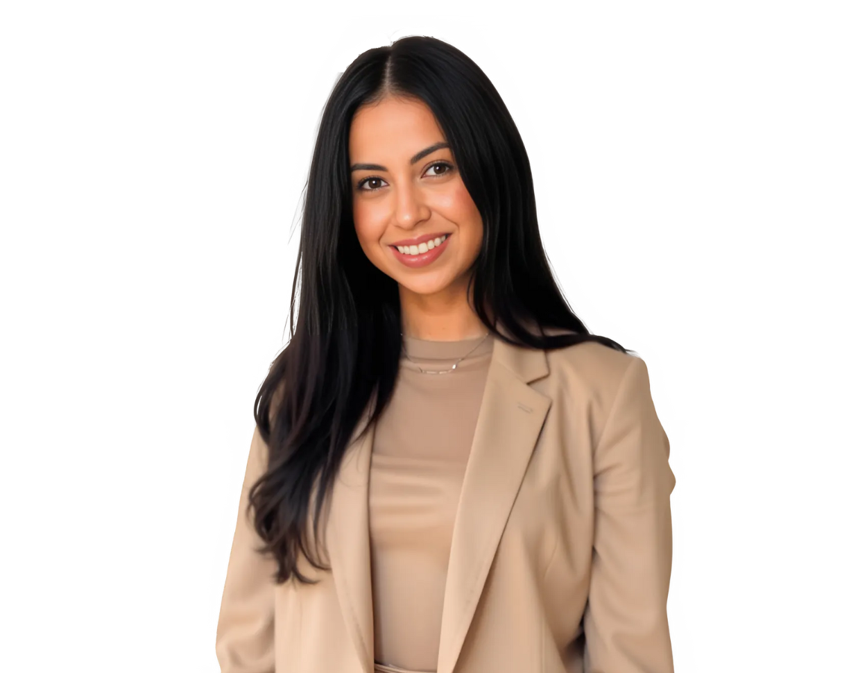 Jazmin Luna wears a beige blazer over a tan top, smiling against a light blue and white geometric background.