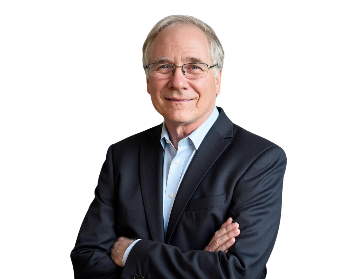 Ken Carlson wearing a dark suit jacket over a light blue dress shirt, arms crossed, posed against a light blue and white geometric background.
