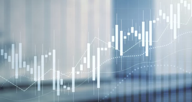 Abstract financial background featuring white candlestick charts, dotted lines, and bar graphs over a blurred blue-toned cityscape. The image conveys concepts of stock market trends, investment analysis, and economic growth.