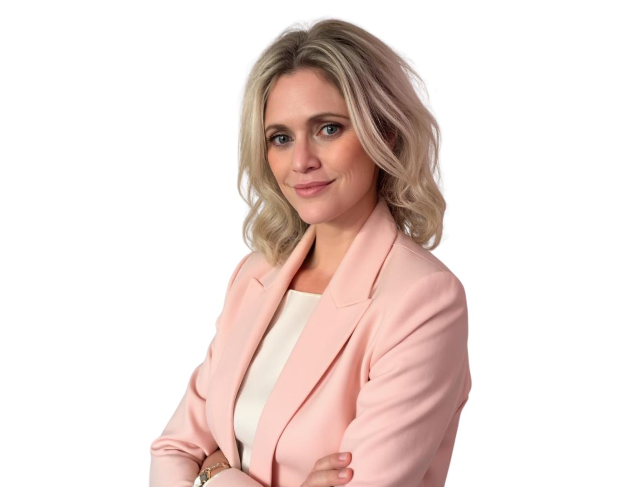 Joanna MacMillan poses confidently with arms crossed in a professional headshot. She is wearing a light pink blazer over a white top, smiling softly against a plain background.
