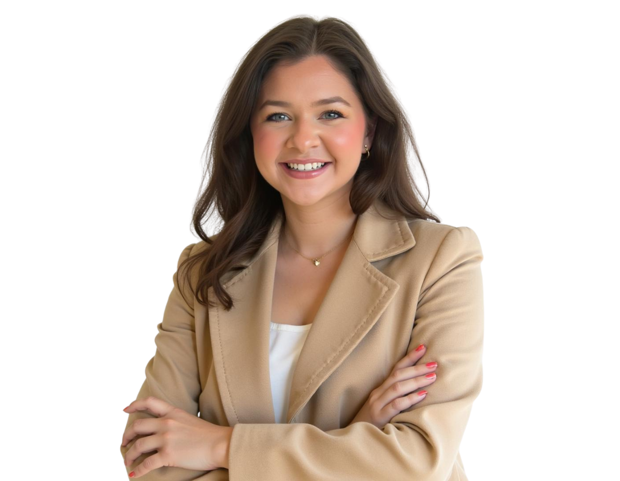Smiling professional woman with long brown hair wearing a tan blazer over a white top, standing with arms crossed against a transparent background. She has a warm, approachable expression and a polished, business-casual appearance.