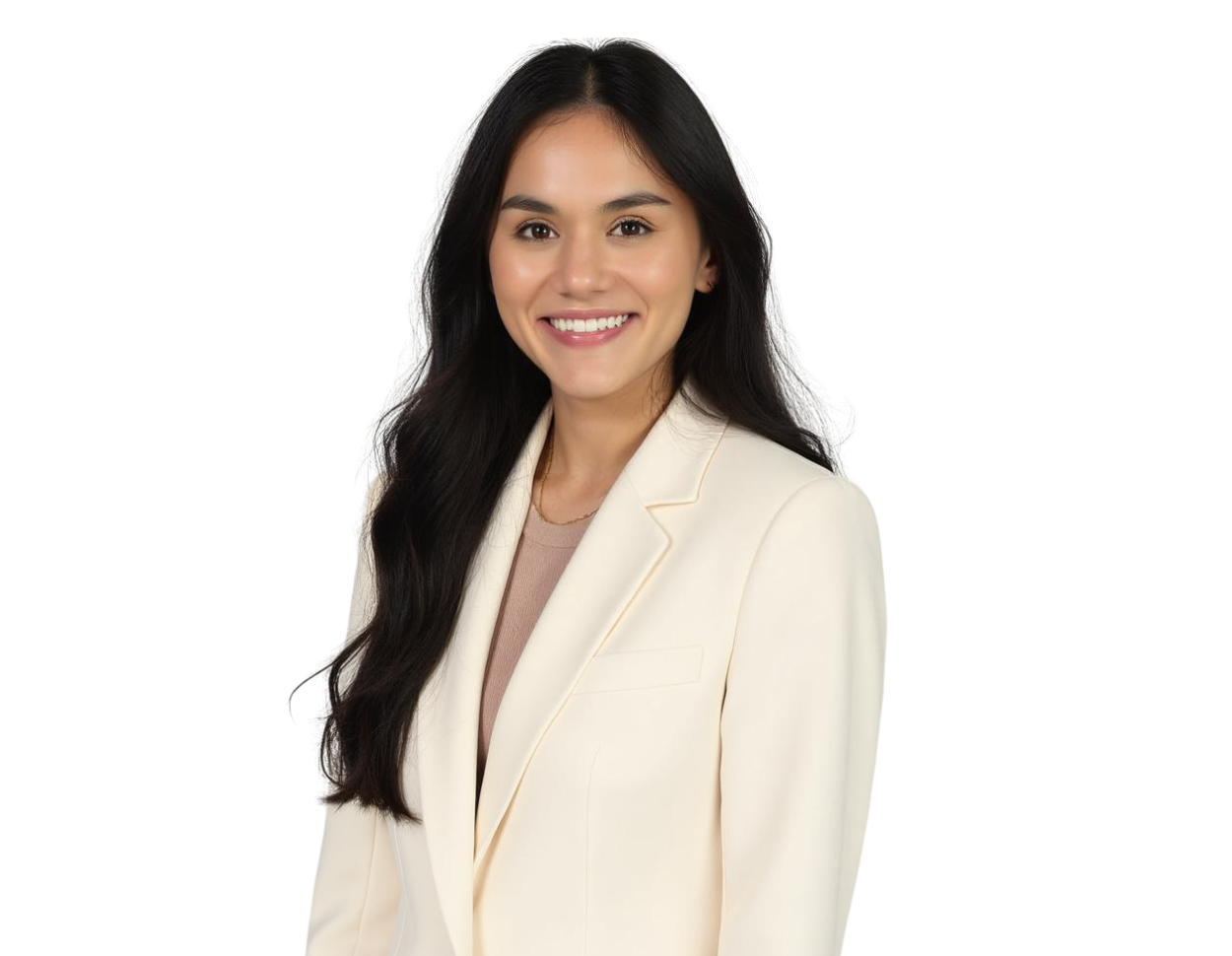 Smiling woman with long dark hair wearing a cream-colored blazer over a beige top. She is facing forward against a transparent background.