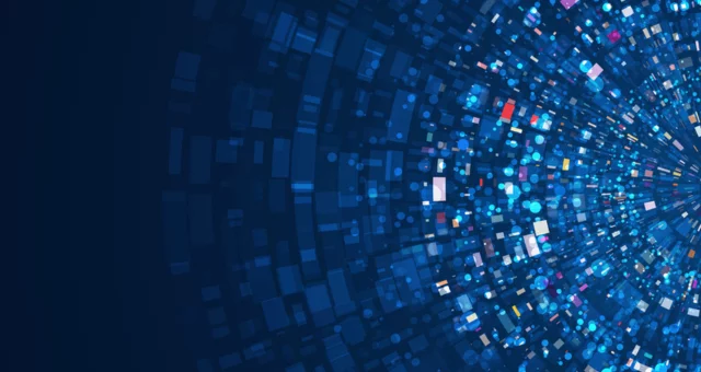 Abstract digital background with a burst of colorful squares and circles radiating from the right side over a dark blue backdrop. The design conveys motion, data flow, and futuristic technology.