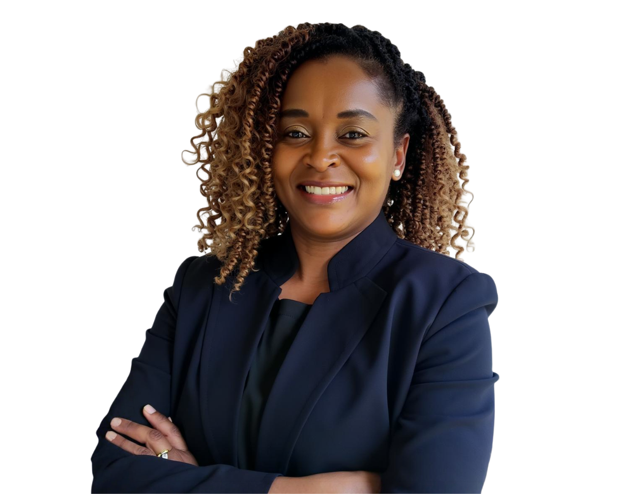 Professional headshot of Barbara Kihumba, senior counsel specializing in immigration law, smiling confidently with arms crossed. She wears a dark blazer over a black top, with curly highlighted hair styled to the side