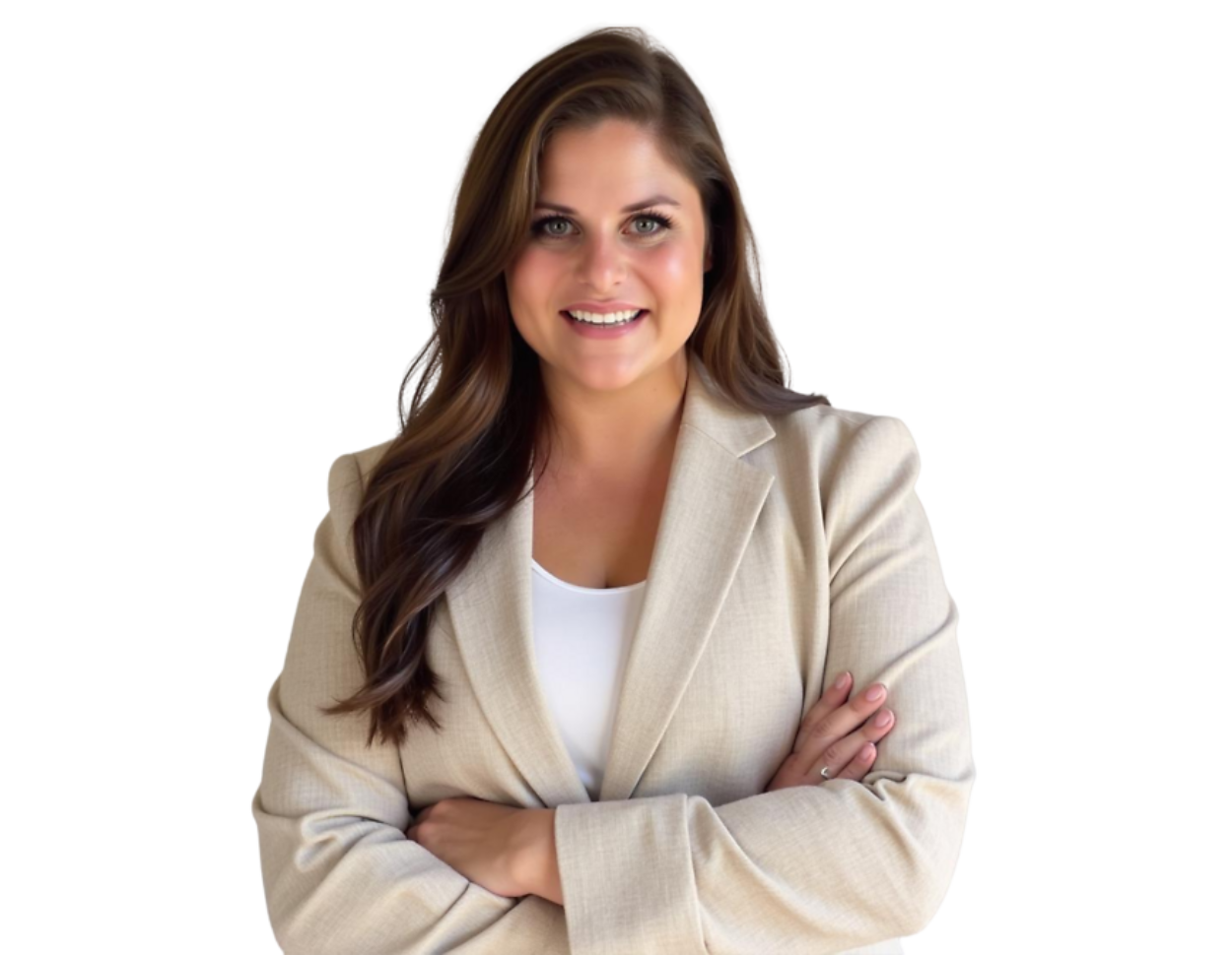 Professional headshot showing smiling woman with long brunette hair wearing a white shirt and tan suit jacket, posed against a light blue and white geometric background.
