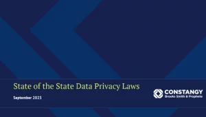 Constangy Brooks Smith & Prophete webinar slide titled 'State of the State Data Privacy Laws,' dated September 2023. The background is a dark blue geometric pattern with lime green title text.