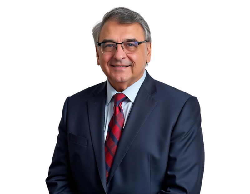 Older man in a navy blue suit and red patterned tie, smiling warmly while wearing glasses, posed against a transparent background. His formal attire and professional demeanor suggest a corporate or leadership role.