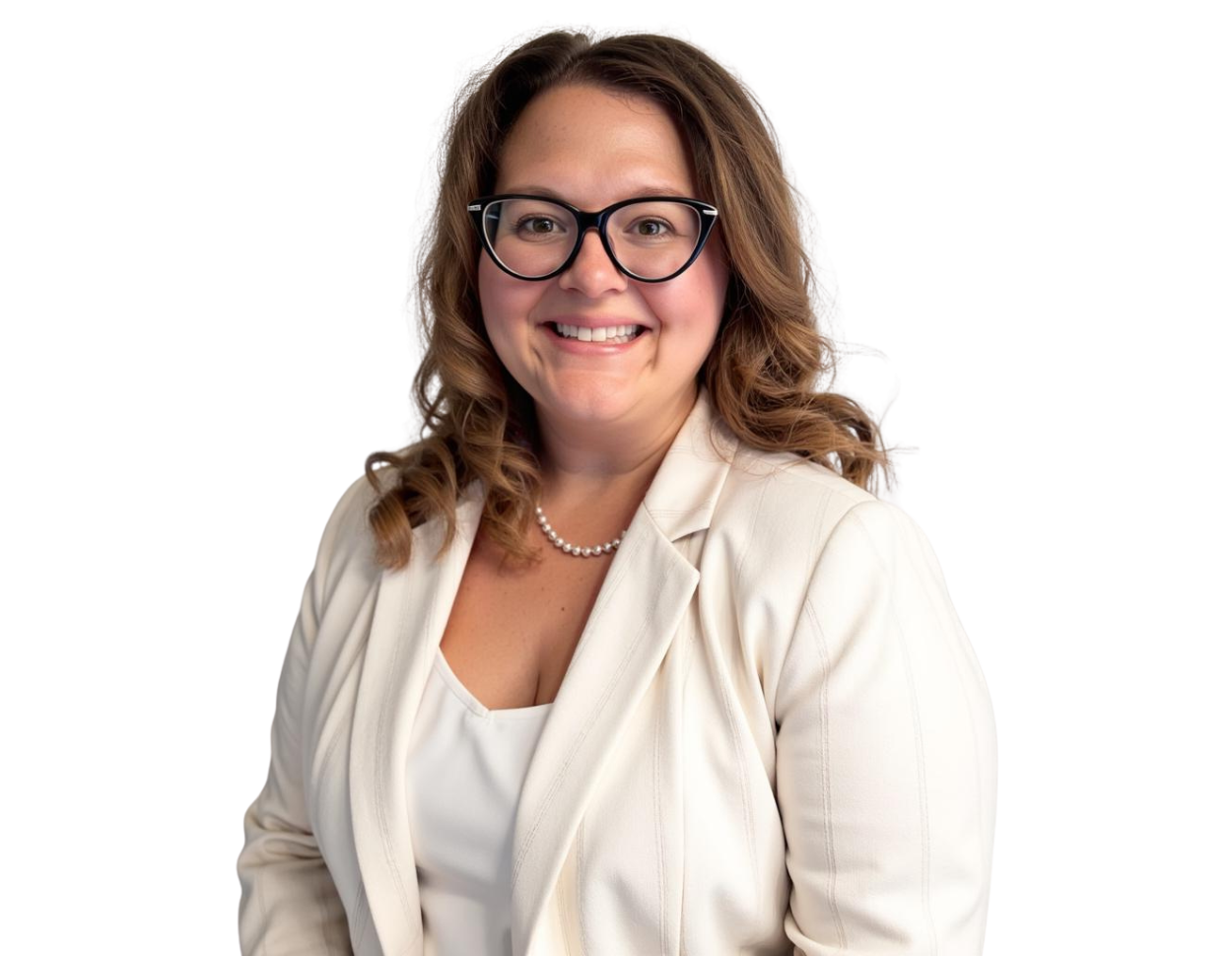 Headshot of Nicole Davies wearing black glasses, a white blazer, and a pearl necklace, posed in front of a light blue and white geometric background.