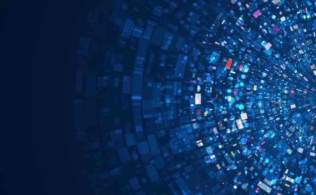 Abstract digital background with a burst of colorful squares and circles radiating from the right side over a dark blue backdrop. The design conveys motion, data flow, and futuristic technology.