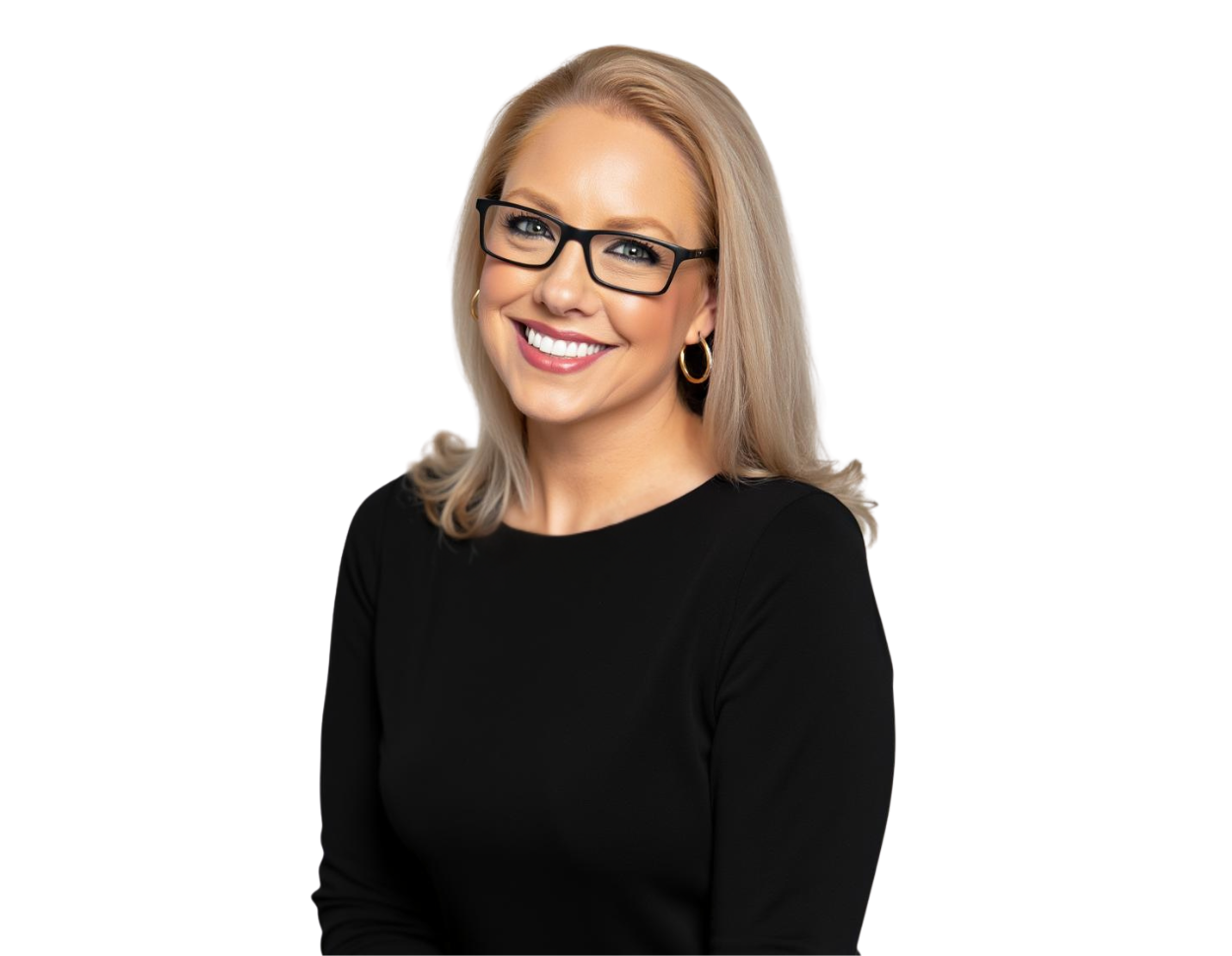 Leigh Tyson wearing black-rimmed glasses, gold hoop earrings, and a black top, posed against a transparent background. Her arms are gently folded and she’s looking directly at the camera with a confident, friendly expression.