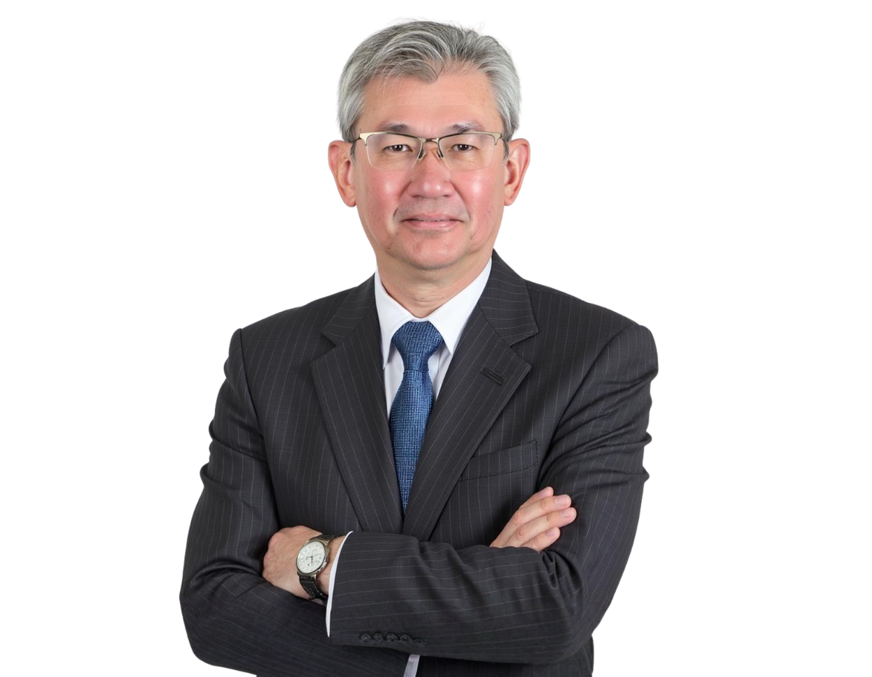Jim Goh poses confidently with arms crossed in a professional headshot. He is wearing a dark pinstripe suit, white shirt, blue tie, and a wristwatch, against a plain background.