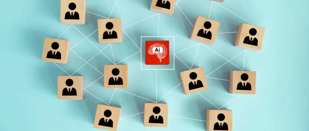 AI (Artificial Intelligence) concept. A wooden cube with a person icon links the connection network surrounding the Ai brain icon