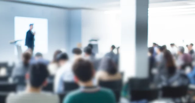 Blurred De-focused Audience in Conference Lecture Presentation Room.