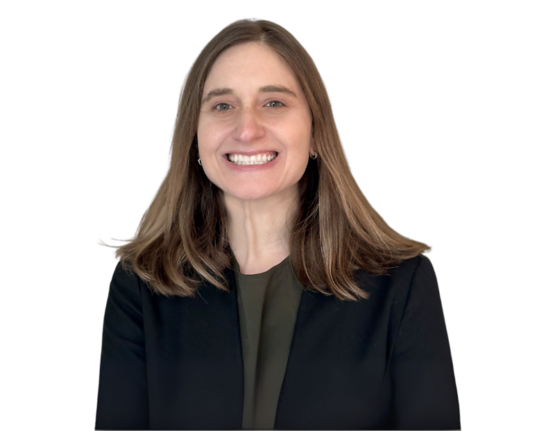Melissa Sachs smiling in a professional headshot, wearing a dark blazer over an olive green top, with straight brown hair parted to the side and a transparent background.