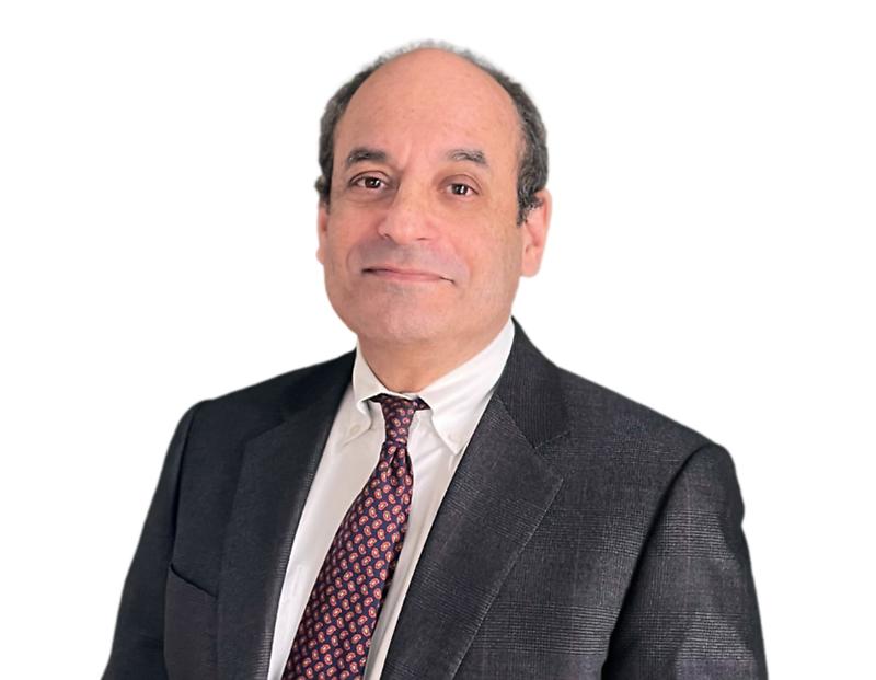 Older man with a receding hairline wearing a dark checkered suit, white dress shirt, and a red paisley tie, posing with a slight smile against a transparent background. His formal appearance and composed posture reflect a professional or executive role.
