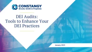Constangy Brooks Smith & Prophete webinar slide titled 'DEI Audits: Tools to Enhance Your DEI Practices,' dated January 2023. The background features abstract blue and purple digital patterns with a faint office scene.