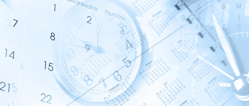 Abstract overlay of analog clocks and calendar pages blended together in soft blue tones. Numbers, dates, and clock faces intersect to create a layered time focused composition.