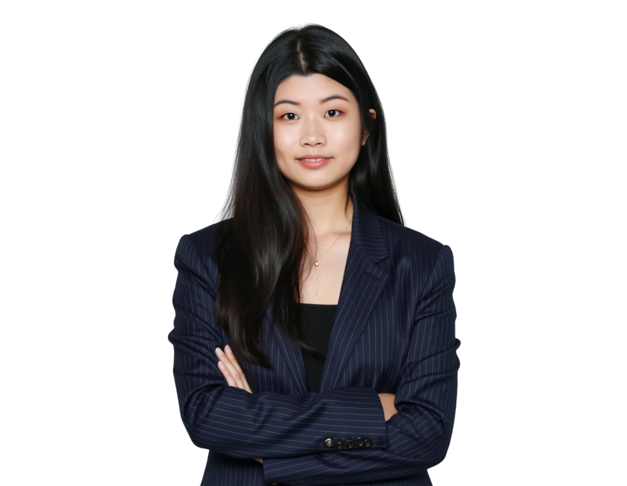 Dongying Zhang poses confidently in a dark pinstripe blazer with arms crossed, wearing a black top underneath. She has long, straight black hair and a calm, professional expression.