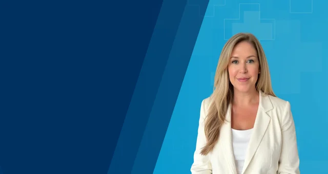 Kristin Titley wearing a white blazer and white top against a blue branded background with geometric healthcare cross graphics. Professional headshot banner for employment attorney Kristin Titley discussing ADA and FMLA workplace compliance topics.