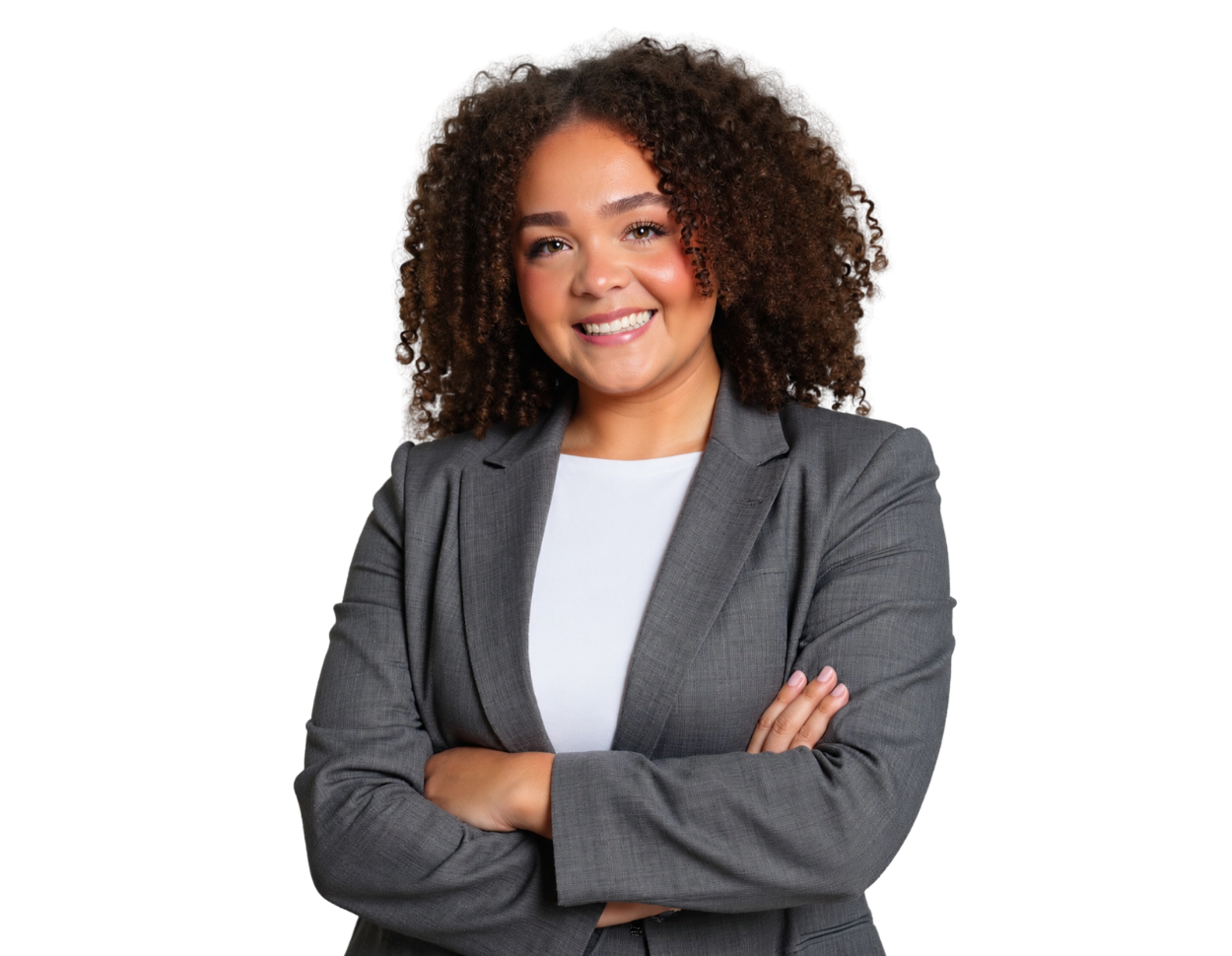 A professional portrait of a woman with shoulder-length curly dark hair smiling directly at the camera. She is wearing a gray business suit jacket over a light-colored blouse and stands with her arms crossed in a confident, approachable pose.