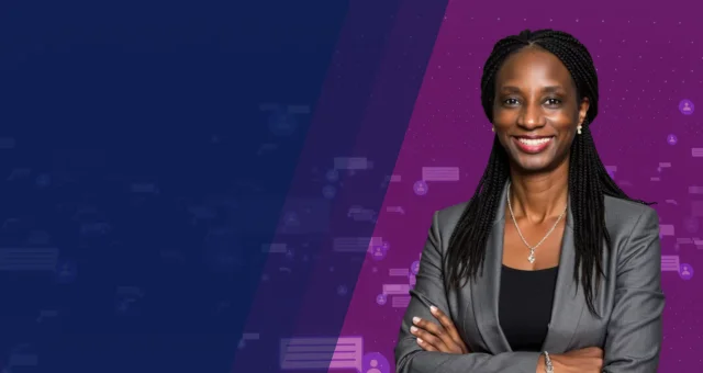 Sonita Thompson wearing a gray blazer over a black top with her arms crossed against a blue and purple branded background with abstract digital graphics. Professional banner featuring employment attorney Sonita Thompson, highlighting her leadership in wor