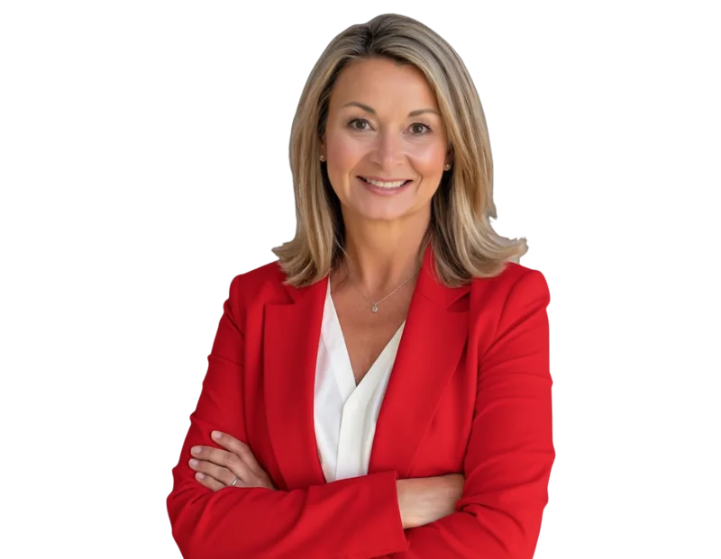 Mary Dohner Smith in a red blazer and white blouse, smiling in front of a light geometric background.