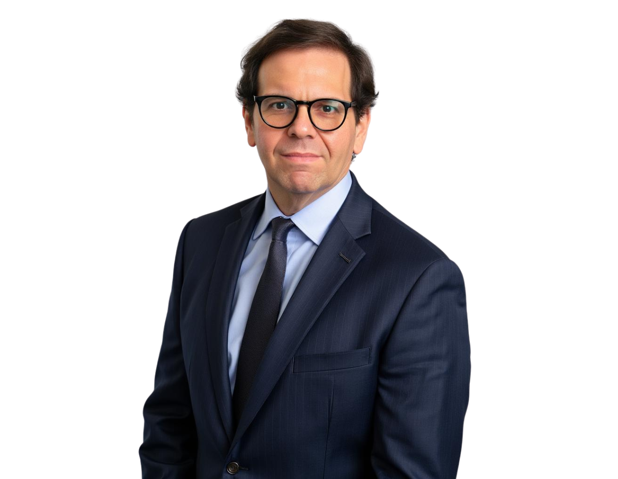 Steve Katz in a dark navy business suit with a light blue shirt and black tie poses for a professional headshot. He has short brown hair, wears black-framed glasses, and looks directly at the camera with a neutral expression.