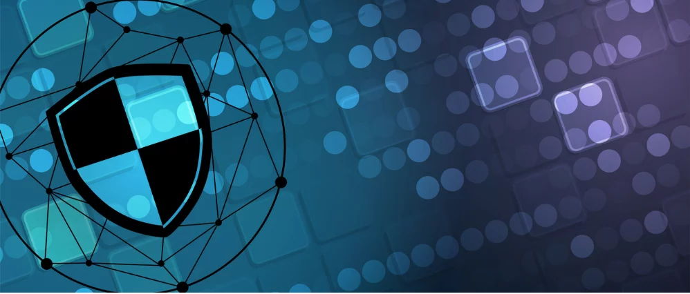 Abstract digital background featuring a bold shield icon encircled by connected nodes and network lines on a blue gradient backdrop. Soft glowing dots and layered geometric shapes create a modern technology aesthetic.