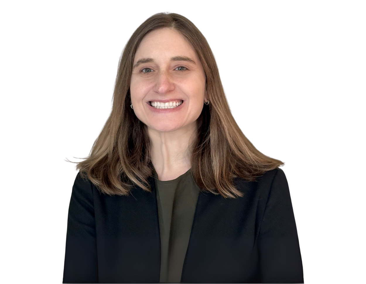 Melissa Sachs smiling in a professional headshot, wearing a dark blazer over an olive green top, with straight brown hair parted to the side and a transparent background.