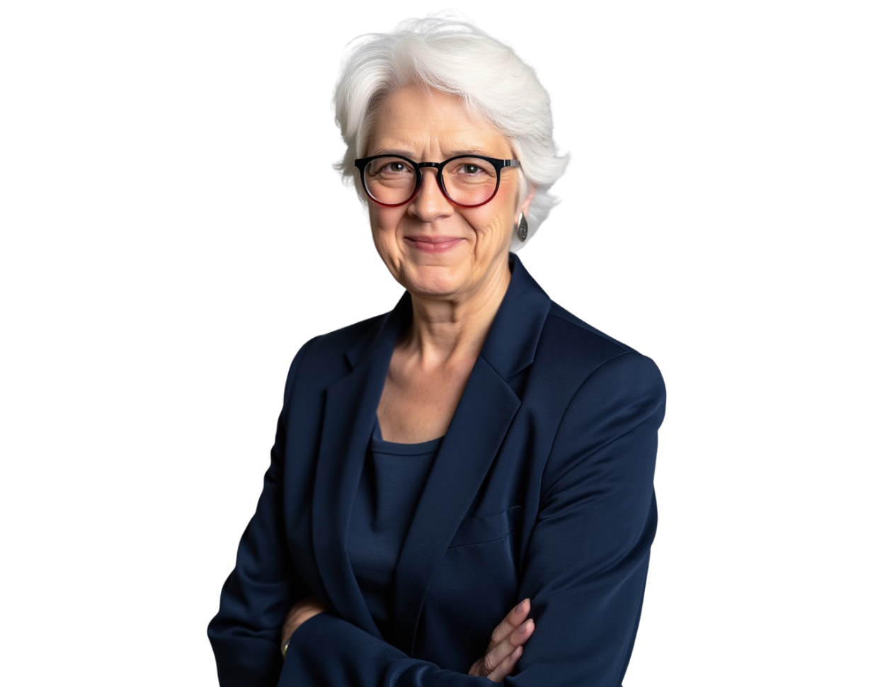 Professional headshot of Jo Bennett wearing glasses, a navy blazer, and a navy top, smiling with her arms crossed.