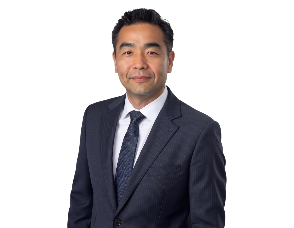 Andrew Pak, Partner on the Constangy Cyber Team based in Orange County, California, wears a navy pinstripe suit, white dress shirt, and dark tie in a professional headshot. He faces the camera with a slight smile against a plain white background, creating
