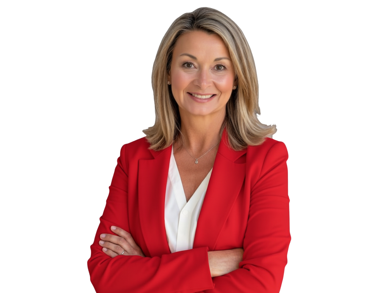 Mary Dohner Smith in a red blazer and white blouse, smiling in front of a light geometric background.