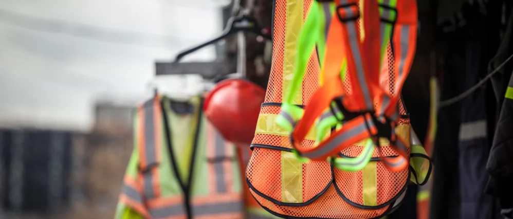 Close up of personal protective equipment hanging on display, including high visibility safety vests, harness straps, and a red hard hat. The bright orange and yellow reflective materials stand out against a blurred industrial background.