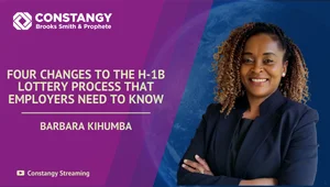 Constangy Clips graphic featuring Barbara Kihumba smiling with arms crossed in a navy blazer against a purple and blue background with a faint globe image. Text on the left reads Constangy Brooks Smith and Prophete Four Changes to the H 1B Lottery Process