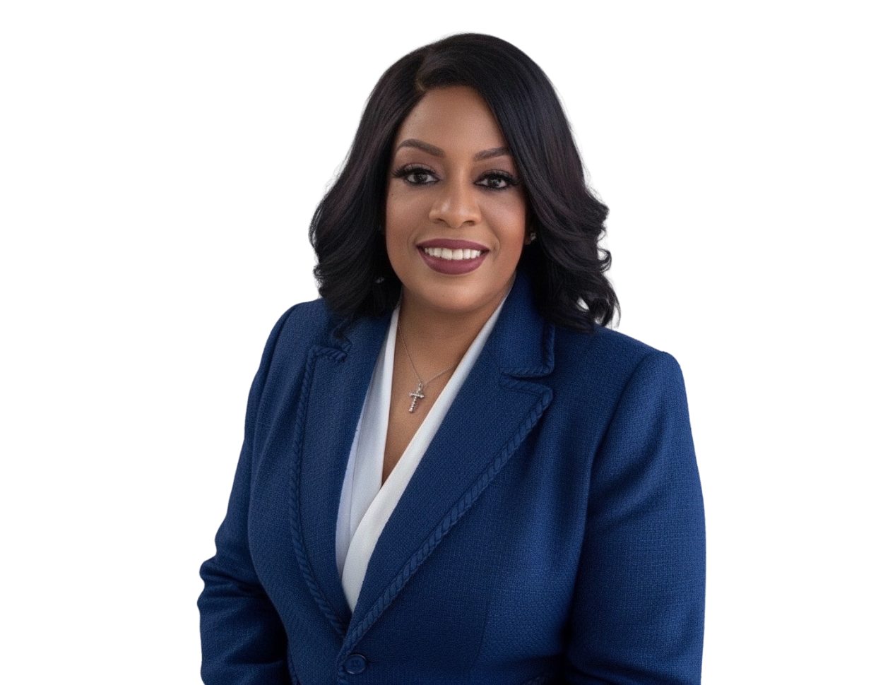 Kim Talley wearing a navy blazer over a white top and a silver necklace, posed against a light blue and white geometric background.