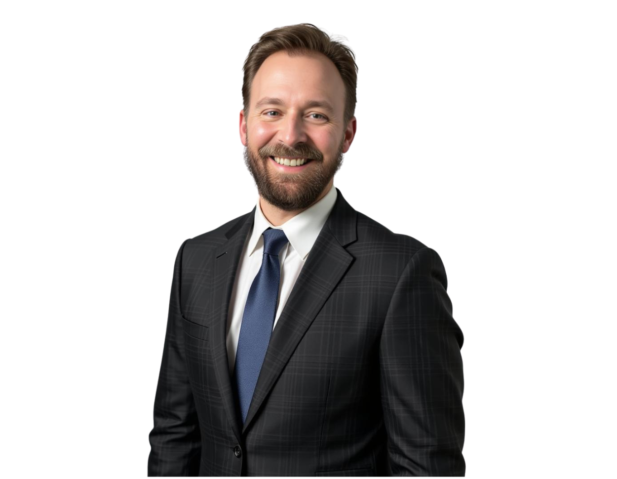 Professional headshot of Bill McMahon, wearing a dark plaid suit, white shirt, and navy tie, stands against a transparent background. His well-groomed beard and confident posture suggest a corporate or business setting.