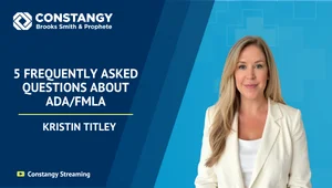 Employment attorney Kristin Titley in a white blazer against a blue background. Text reads “5 Frequently Asked Questions About ADA and FMLA” with Constangy Streaming branding in the lower corner.