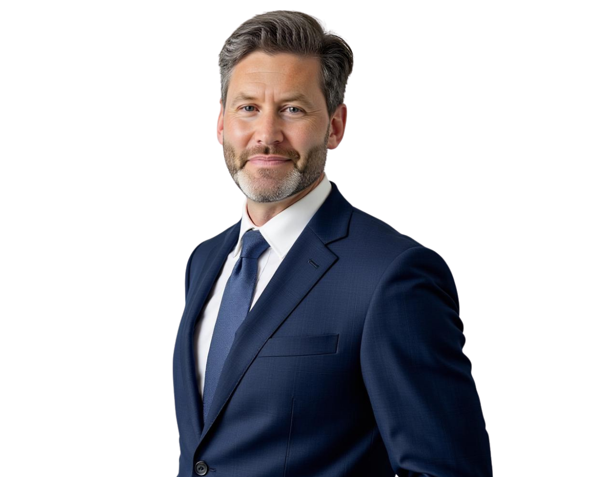 Smiling professional man with salt-and-pepper hair and a neatly trimmed beard wearing a navy blue suit, white dress shirt, and matching blue tie. He stands against a light neutral background with a confident and approachable executive presence.