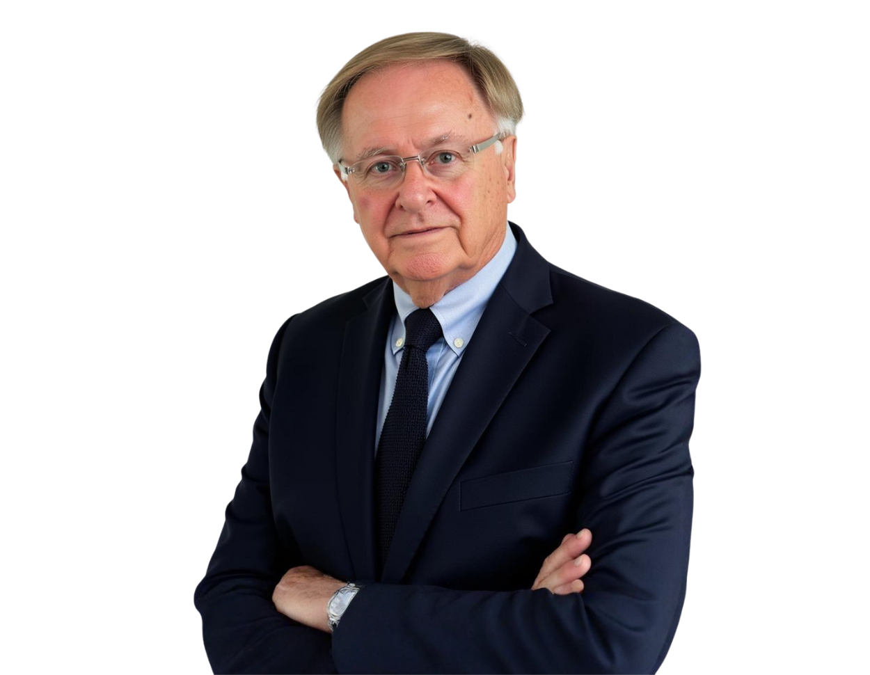 Older man with glasses wearing a navy blue suit and black tie, standing with arms crossed against a white background. He has a serious expression and short, neatly combed gray hair.