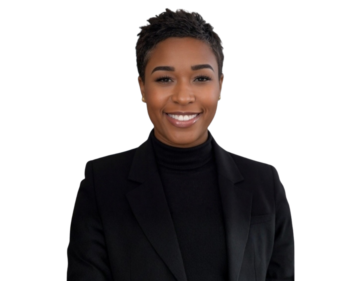 Professional portrait of Leo Tyree smiling, with short dark hair, wearing a black blazer over a black turtleneck and small gold stud earrings. She faces forward and looks directly at the camera with a warm, confident expression.