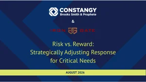 Constangy and IronGate Cybersecurity program graphic with the title "Risk vs. Reward. Strategically Adjusting Response for Critical Needs." The August 2026 program focuses on balancing ransomware incident response and forensic best practices with critical