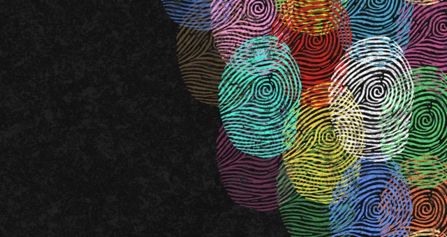 Abstract illustration of overlapping colorful fingerprints on a textured black background. The varied colors and patterns symbolize individuality, identity, and diversity in a visually striking design.