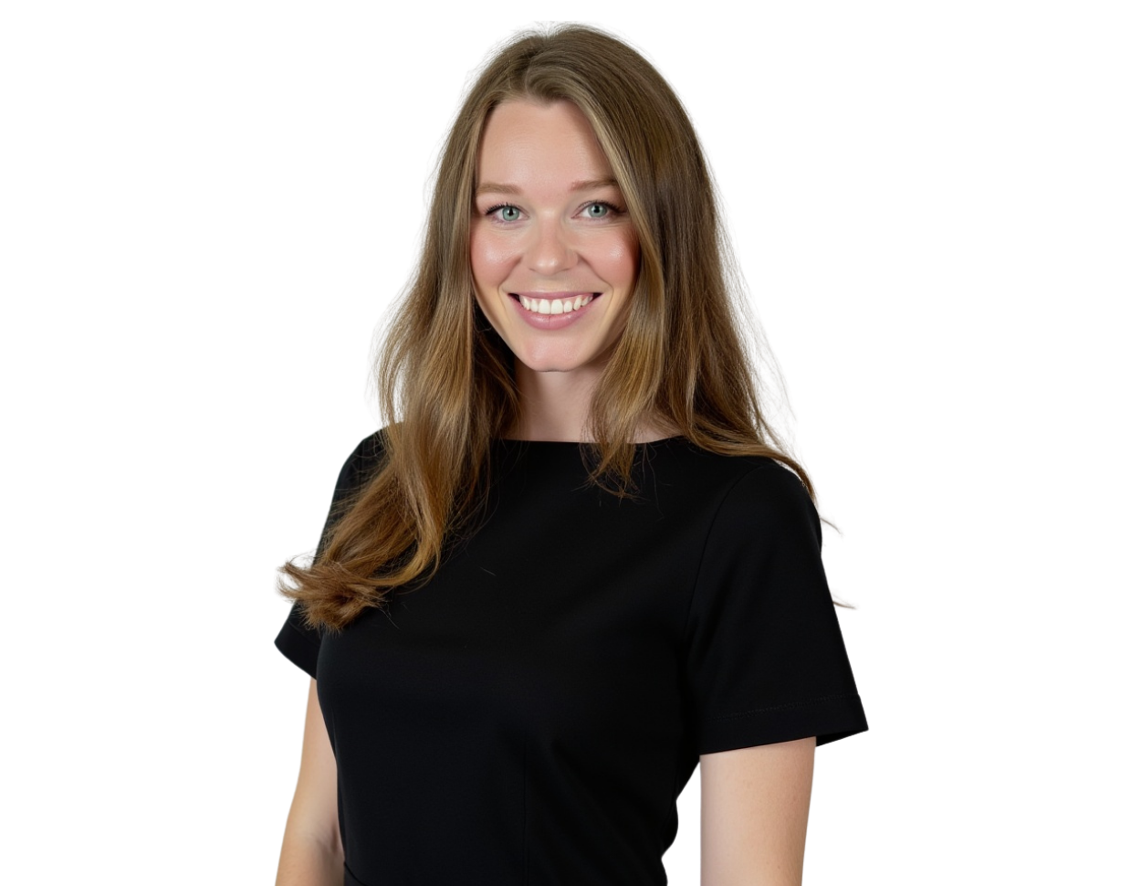 Professional headshot of Haley Klima, a woman with long brown hair, smiling against a white background, wearing a black short-sleeve top.