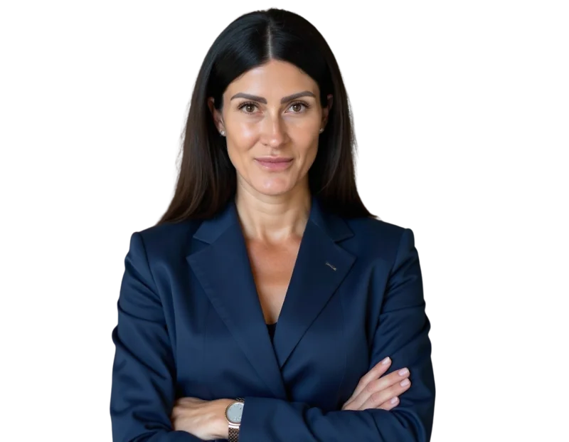 Confident professional woman with straight dark hair wearing a navy blazer and small stud earrings, standing with arms crossed against a transparent background. She has a focused, composed expression, conveying authority and professionalism.