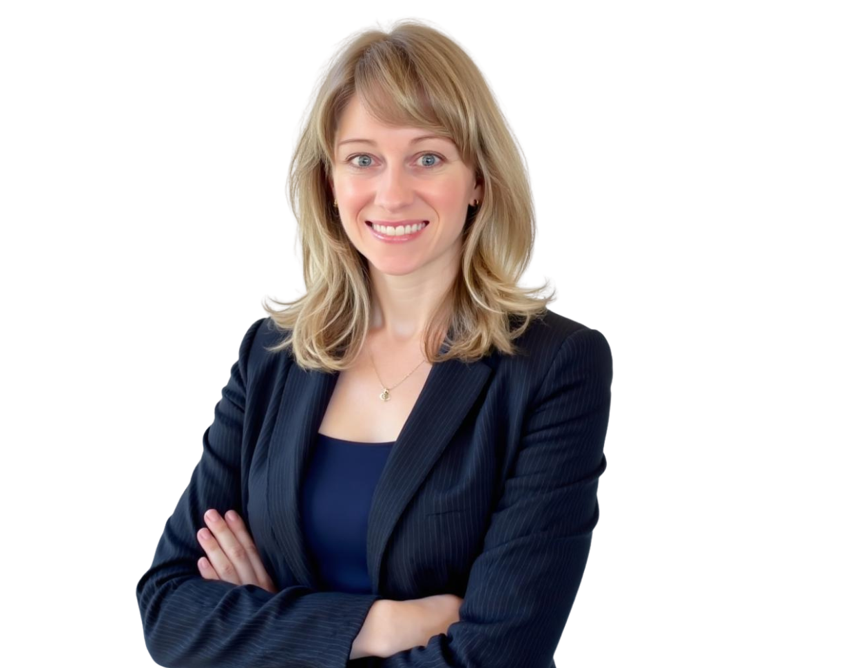 Professional woman with shoulder-length blonde hair wearing a navy pinstripe blazer over a light gray top, smiling with arms crossed. She stands confidently against a plain white background, projecting a friendly and approachable business presence.